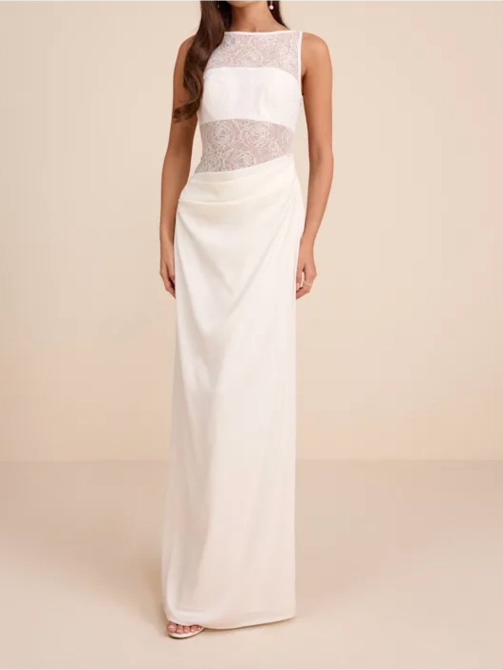 Lulus Akasha White Sheer Lace Mixed-Media Maxi Dress Size S